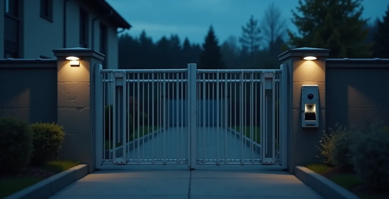 Vue plongeante sur une passerelle modulaire avec lecteur de badge, caméras et éclairage intelligent