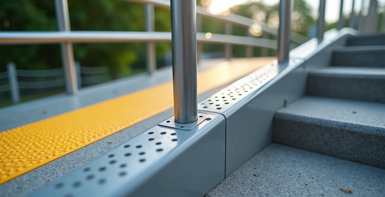 Gros plan sur une rampe modulable PMR et escalier extérieur avec bande d’éveil, main courante et revêtement antidérapant