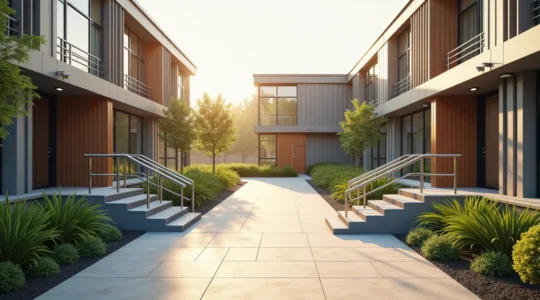 Illustration principale montrant une construction modulaire contemporaine avec accès extérieurs sécurisés, cheminements paysagés, éclairage et équipements évolutifs