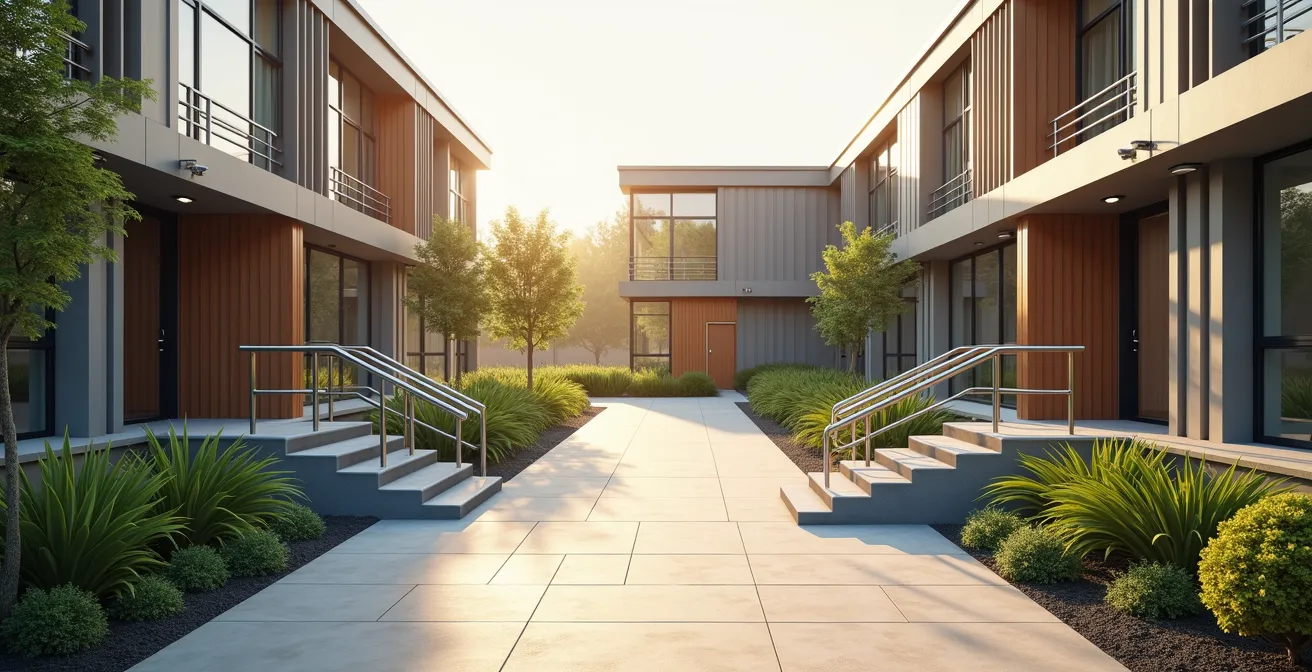 Illustration principale montrant une construction modulaire contemporaine avec accès extérieurs sécurisés, cheminements paysagés, éclairage et équipements évolutifs