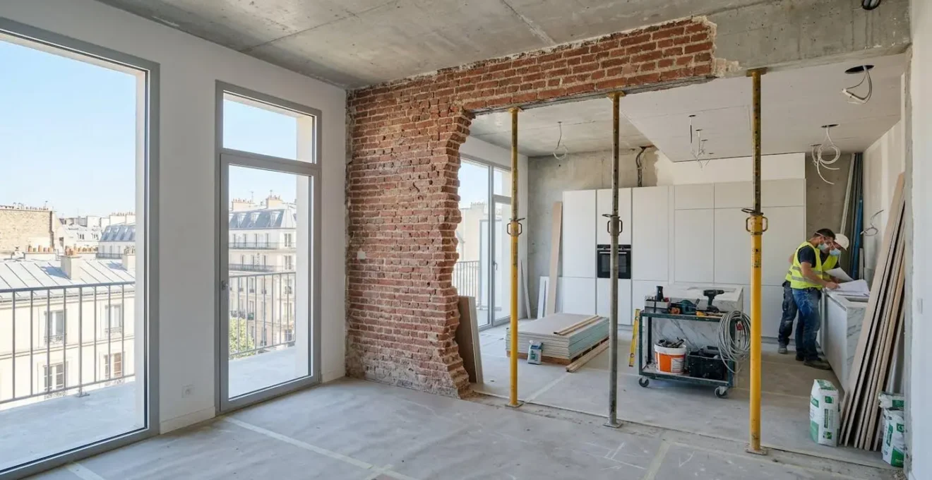 Appartement parisien en rénovation avec mur en briques partiellement ouvert et étais métalliques visibles soutenant le plafond