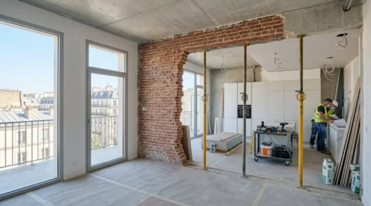 Appartement parisien en rénovation avec mur en briques partiellement ouvert et étais métalliques visibles soutenant le plafond