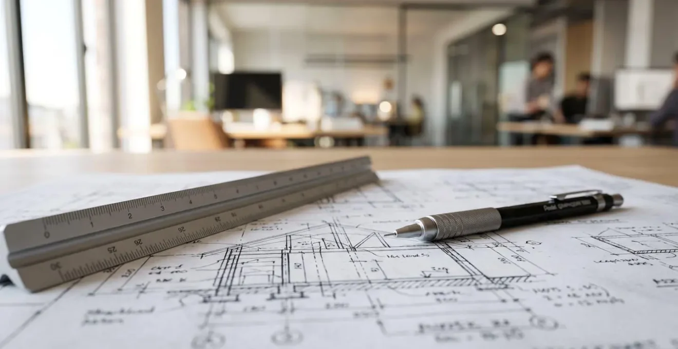 Gros plan sur des plans techniques de structure avec annotations manuscrites de calculs, règle d'architecte et crayon mécanique posés sur un bureau