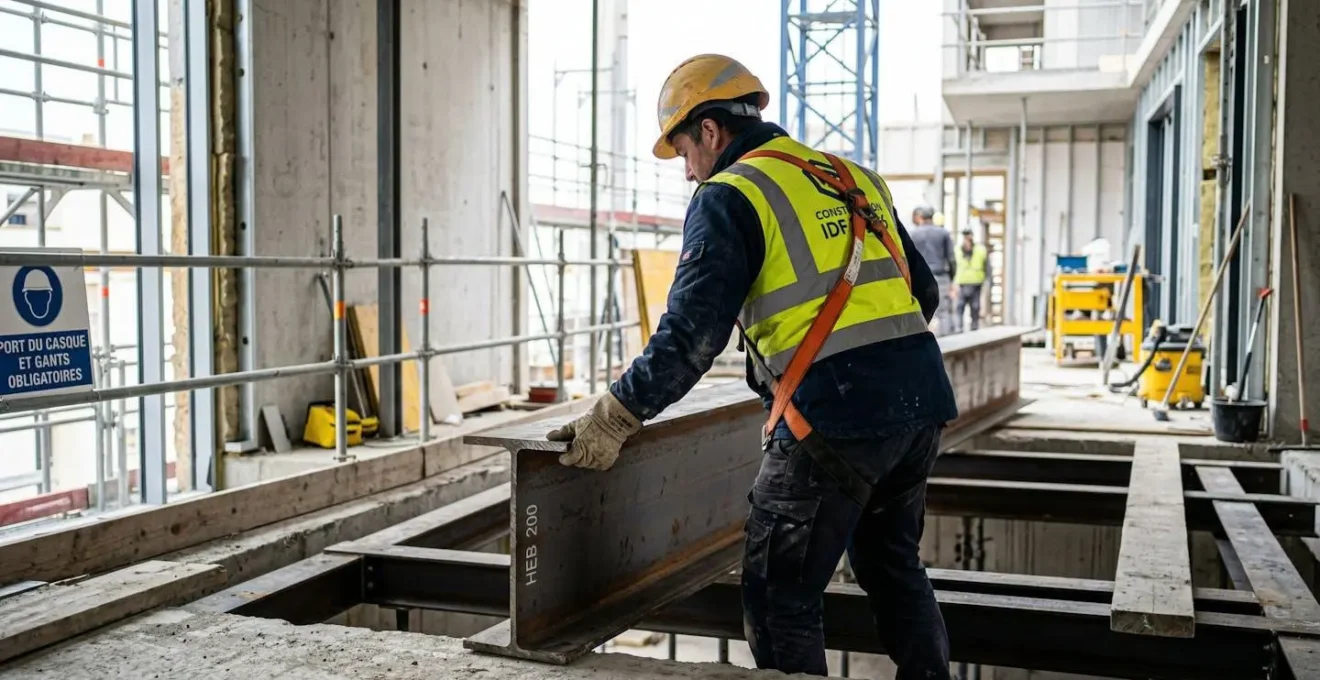 Ouvrier de dos sur un chantier de rénovation, manipulant une poutre métallique de type IPN ou HEB, portant casque de sécurité et gants