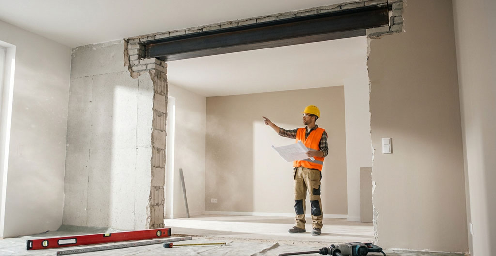Ouvrier de dos sur un chantier de rénovation, manipulant une poutre métallique de type IPN ou HEB, portant casque de sécurité et gants